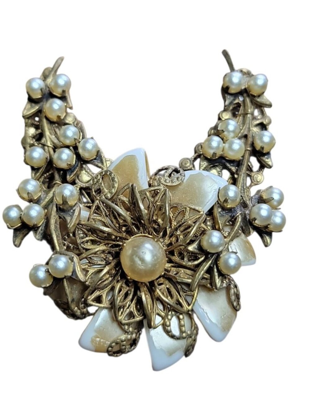Vintage Miriam Haskell Pearl Glass Floral Brooch Signed Couture Statement